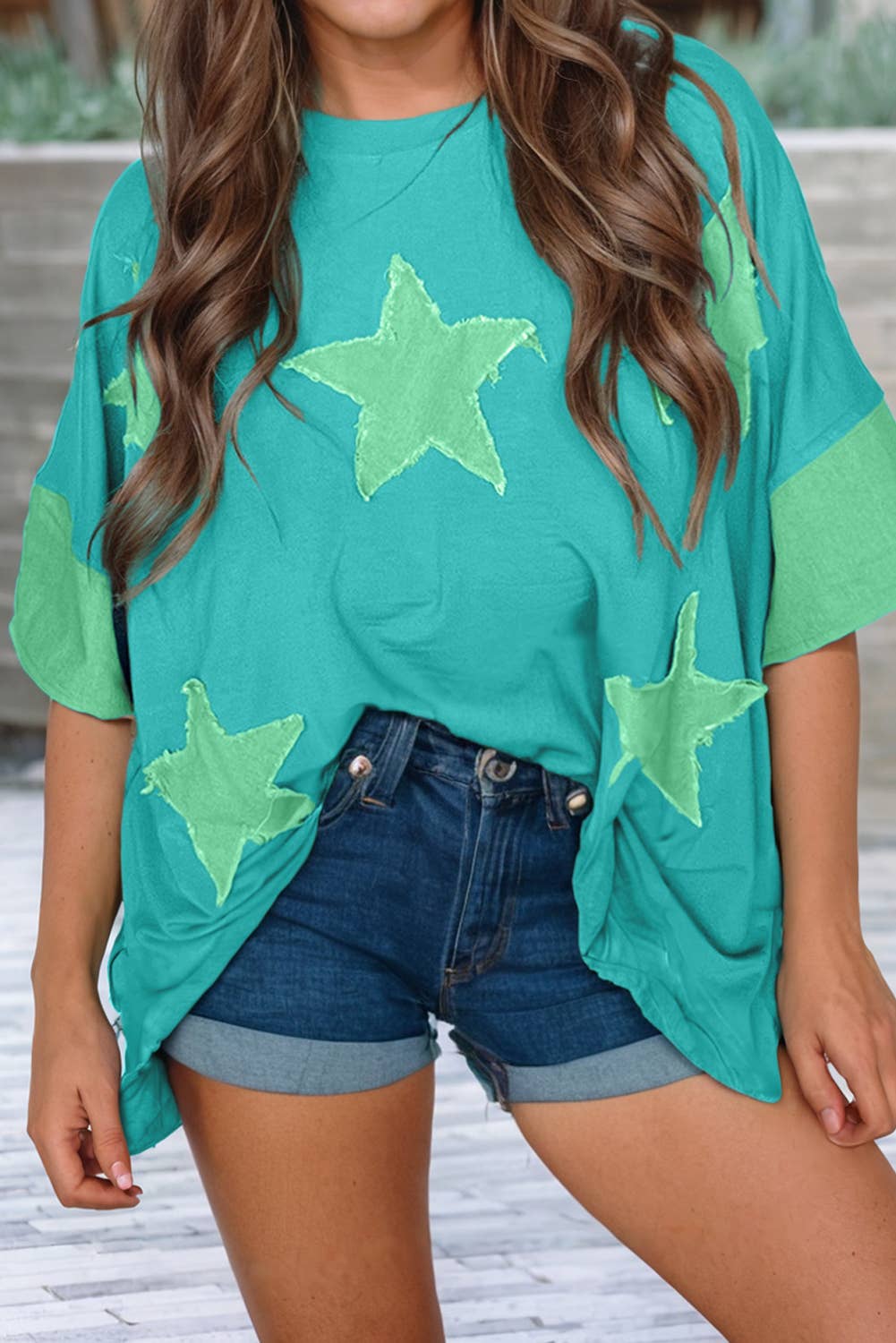 LDC Frayed Star Denim Patchwork Oversize T Shirt